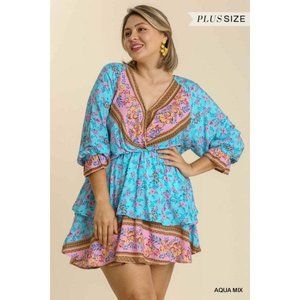 Umgee Plus Size Aqua Mix V-Neck Floral Border Print Layered Dress